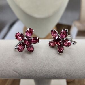 Vintage Pink Flower Screwback  Earrings • 1950s • Silvertone